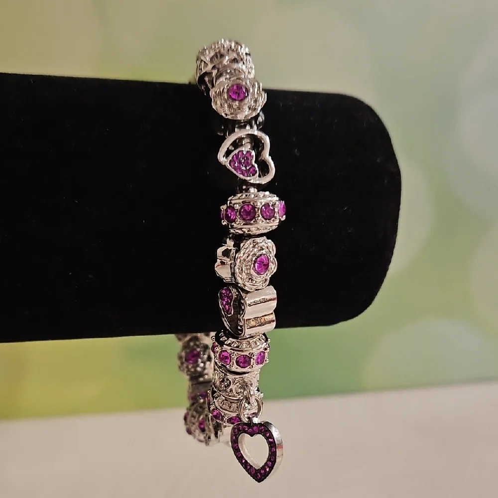 Birthstone bracelet silver tone with charms amethyst dark pink February October - Picture 2 of 10